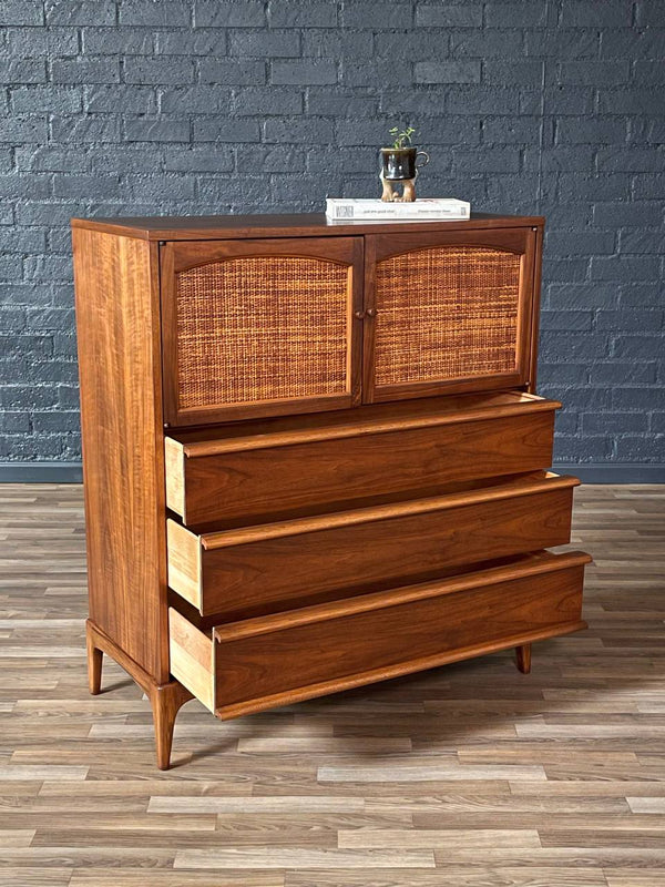 Mid-Century Modern “Rhythm” Walnut & Cane Highboy Dresser by Lane, c.1960’s