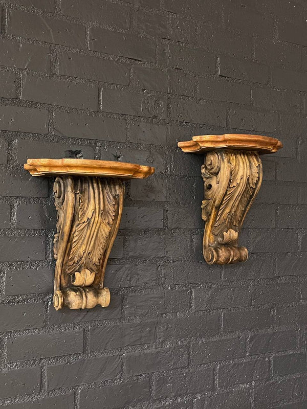 Pair of Classical Italian Painted & Carved Wood Wall Brackets, c.1940’s