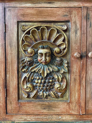 Rustic Spanish Colonial Hacienda Cabinet w/ Hand-Carved Faces, c.1960’s