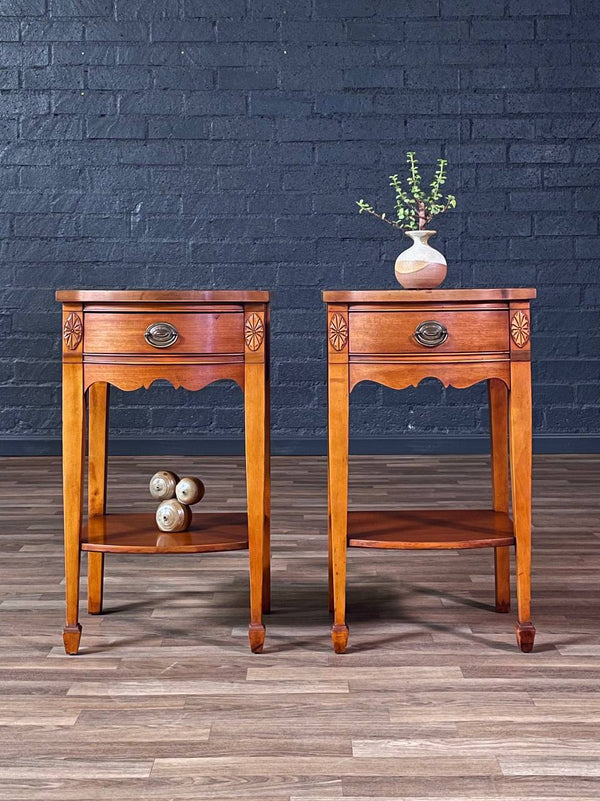Pair of American Federal Mahogany Night Stands w/ Carved Rosettes & Brass Pulls, c.1950’s