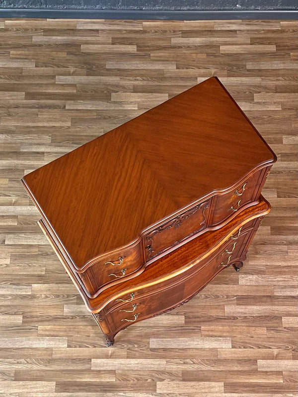 French Provincial Style Flame Mahognay Highboy Dresser w/ Serpentine Front, c.1940’s