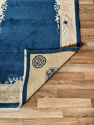 Antique Chinese Art Deco Rug w/ Blue Field & Cream Border, c.1920’s