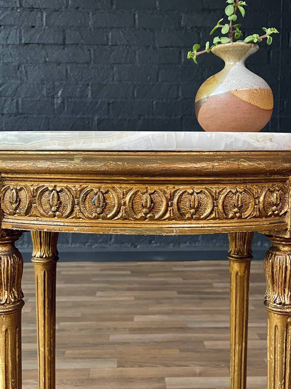 French Louis XVI Style Giltwood Side Table w/ Oval Onyx Top, c. 1940’s