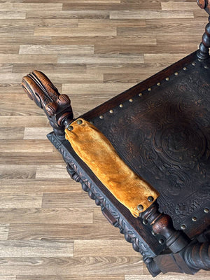 English Baroque Oak & Tooled Leather Armchair w/ Barley Twist Legs, c.1910’s