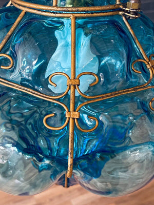 Pair of Vintage Turquoise Bubble Glass & Gilt-Metal Pendant Lantern Lights, c.1960’s