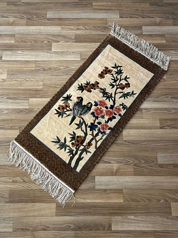 Vintage Silk Rug Tapestry With Birds Motif