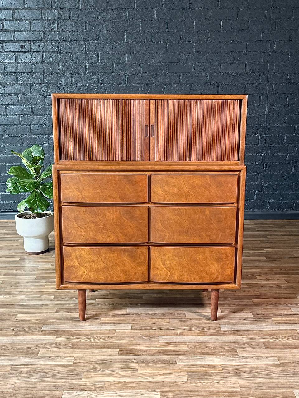 Mid-Century Modern Tambour-Door Highboy Dresser, c.1960s Mid-Century Modern Tambour-Door Highboy Dresser, c.1960s