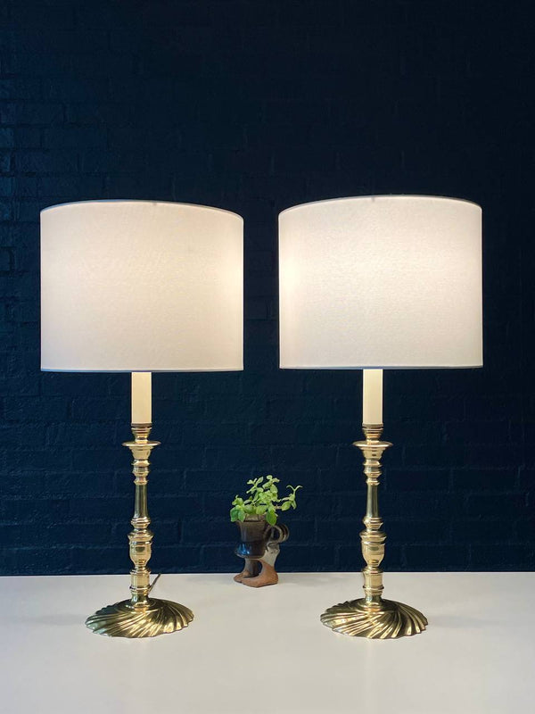 Pair of Spiral Decorated Queen Anne Brass Candlesticks Style Table Lamps, c.1970’s