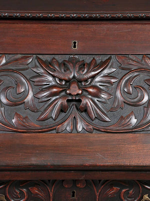 English Renaissance Revival Carved Oak Green Man Secretary Desk, c.1900's