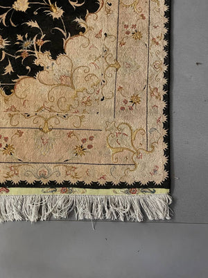 Persian-Style Black & Ivory Floral Medallion Rug with Inscription