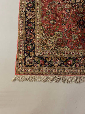 Vintage Persian-Style Floral Medallion Area Rug with Navy Border