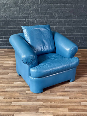 Vintage Post Modern Blue Leather Lounge Chair w/ Ottoman, c.1980’s
