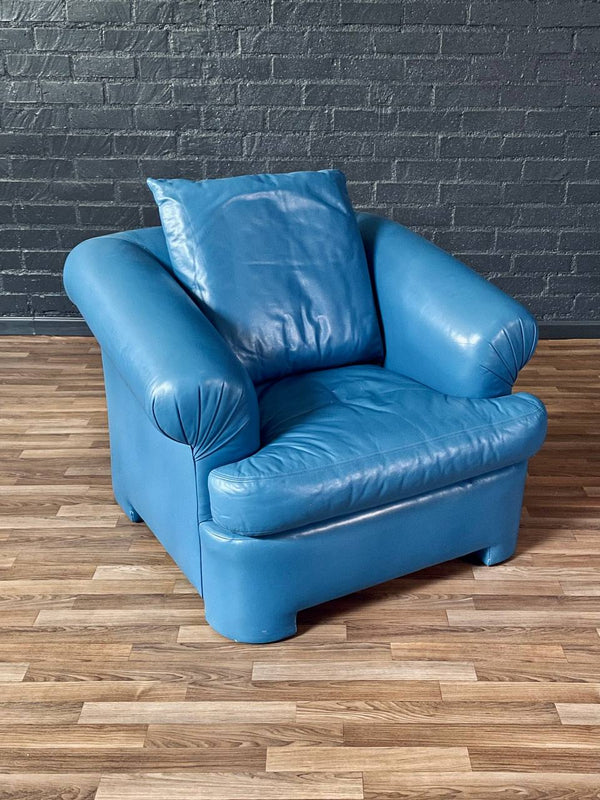 Vintage Post Modern Blue Leather Lounge Chair w/ Ottoman, c.1980’s