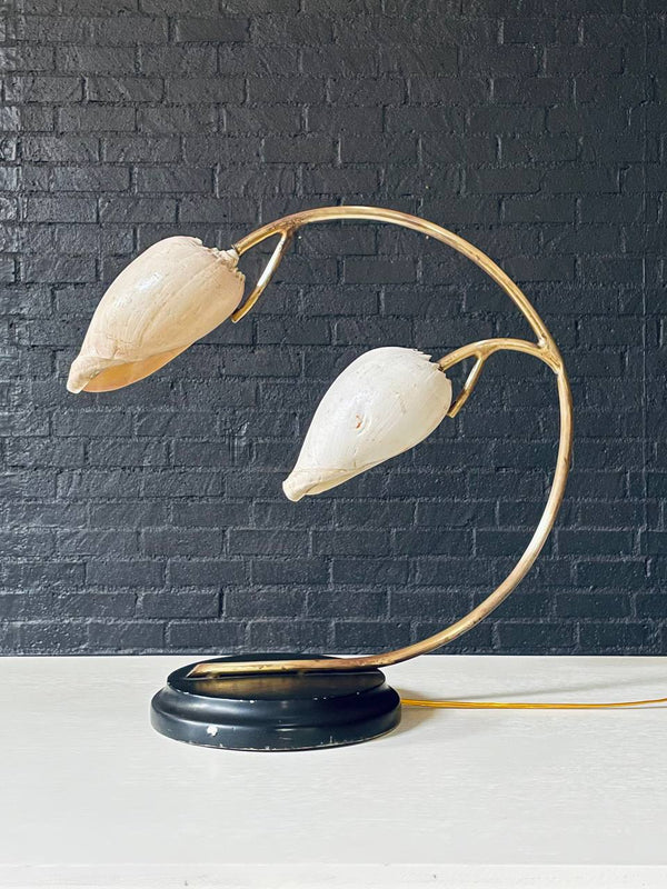 Hollywood Regency Brass Arch Table Lamp w/ Authentic Seashell Shades, c.1970’s