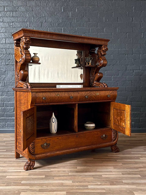 Antique American Quarter-Sawn Oak Sideboard w/ Winged Griffin Carvings, c.1920’s