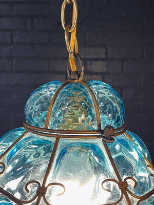 Pair of Vintage Turquoise Bubble Glass & Gilt-Metal Pendant Lantern Lights, c.1960’s