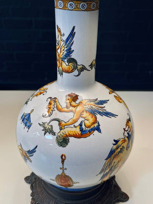 Pair of Italian Majolica Hand-Painted Table Lamps w/ Mythological Motifs, c.1950s