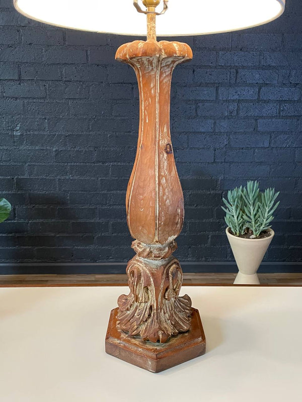 Pair of Italian Provincial Painted & Carved Wood Column Table Lamps, c.1940’s