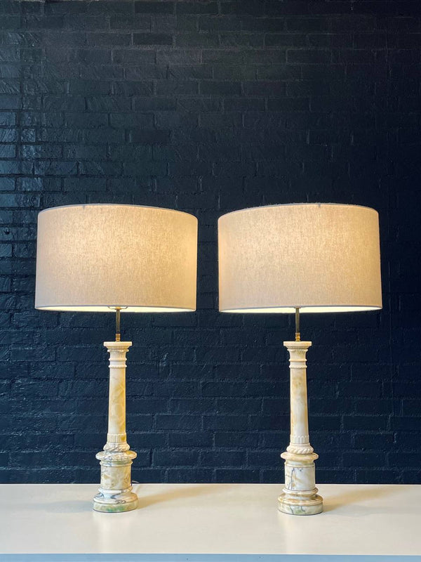 Pair of Antique Neoclassical Style Column Marble Table Lamps, c.1930’s