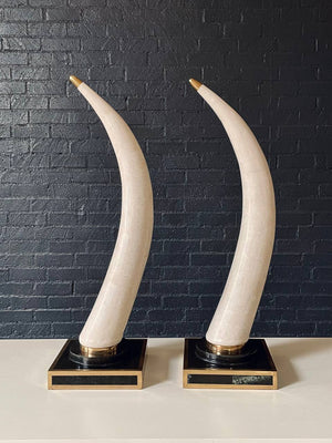 Pair of Post Modern Faux Tusks on Tessellated Marble & Brass Bases by Marquis Collection of Beverly Hills, c.1980s