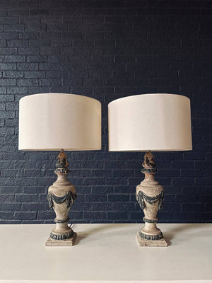 Pair of Antique Italian Neoclassical Carved Wood Urn Table Lamps w/ Draped Garlands, c.1920’s