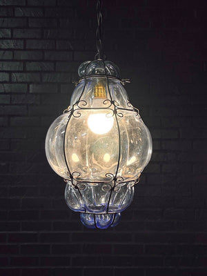 Pair of Vintage Blue Bubble Glass & Iron Pendant Lantern Lights, c.1960’s
