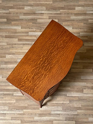 American Edwardian Colonial Style Tiger Oak Bombe Highboy Dresser w/ Hidden Cabinet, c.1920’s