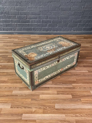 Antique Hand-Painted Indian Rajasthani Dowry Chest w/ Floral Motif, c.1890’s