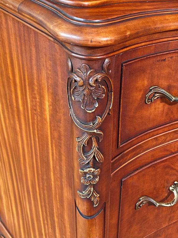 French Provincial Style Flame Mahognay Highboy Dresser w/ Serpentine Front, c.1940’s