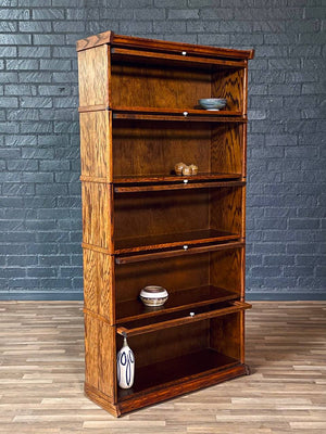 Vintage Arts & Craft Barristers Oak Bookcase w/ Glass Sliding Doors