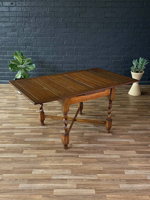 English Style Antique Farmhouse Oak Expanding Draw-Leaf Dining Table, 1940’s