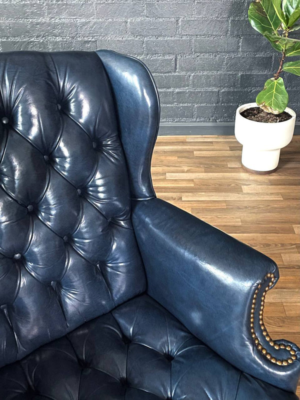 Vintage Wingback English Chesterfield Style Blue Leather Office Chair, c.1960’s