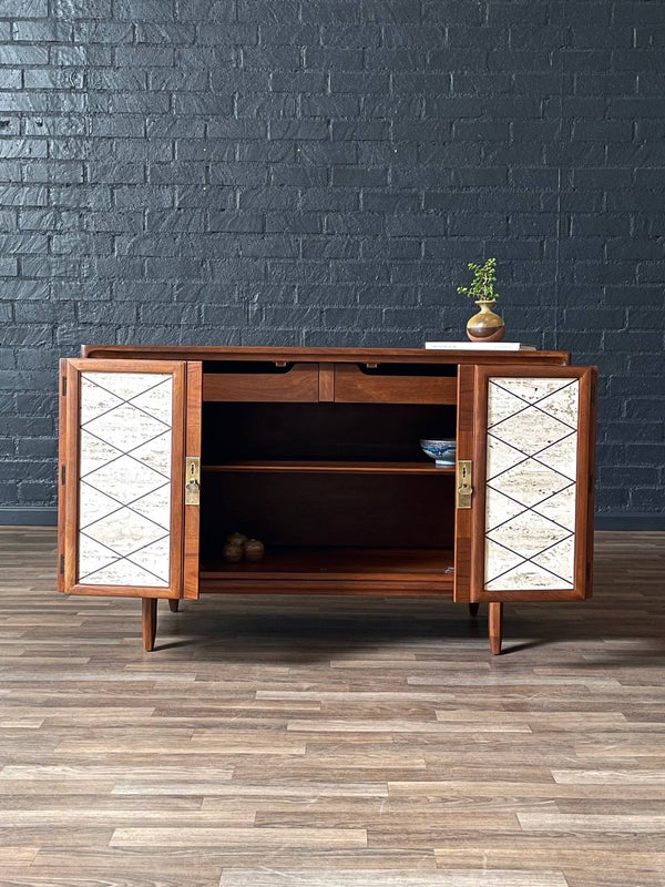 Mid-Century Modern Credenza w/ Travertine Stone & Bi-Folding Doors, c.1960’s