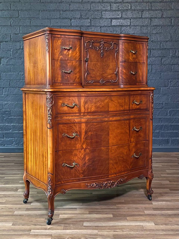 French Provincial Style Flame Mahognay Highboy Dresser w/ Serpentine Front, c.1940’s