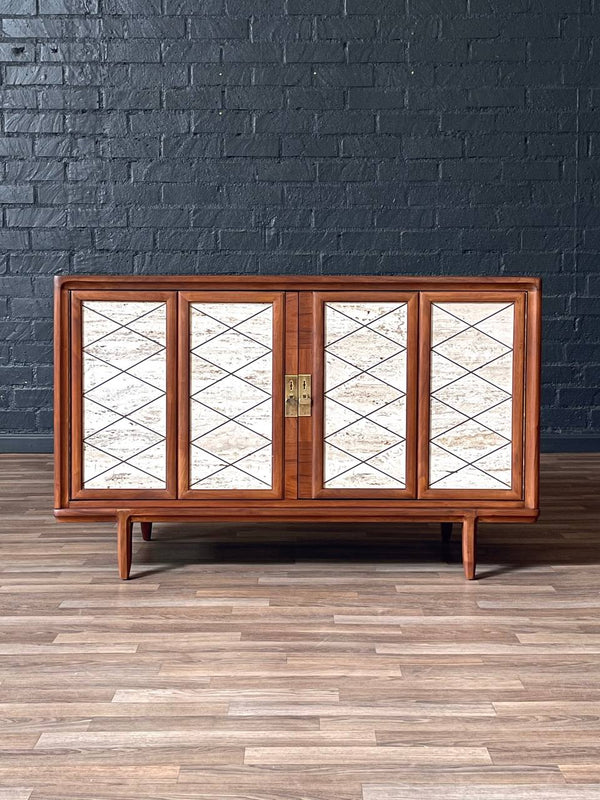 Mid-Century Modern Credenza w/ Travertine Stone & Bi-Folding Doors, c.1960’s