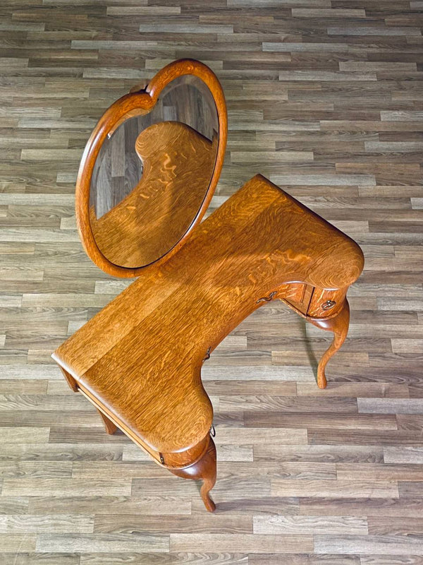 French Art Nouveau Style Tiger Oak Dressing Desk w/ Sculpted Cabriole Legs & Heart Mirror, c.1920’s