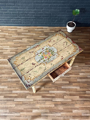 American Farmhouse Painted Oak Harvest Dining Table, Distressed Finish, 1940’s