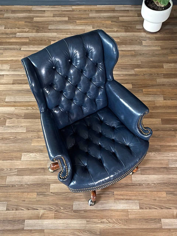 Vintage Wingback English Chesterfield Style Blue Leather Office Chair, c.1960’s