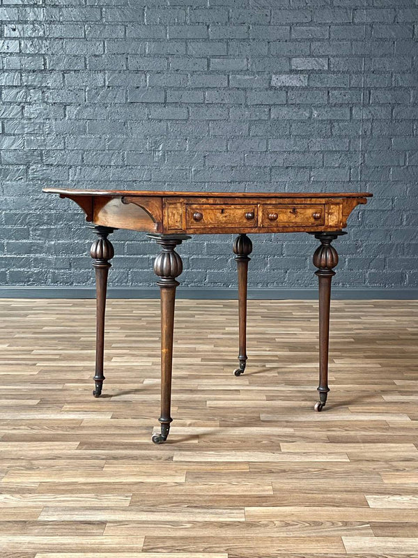 Antique Rosewood & Burl Wood Writing Desk / Entry Table w/ Turned Legs & Inlay, 1900’s