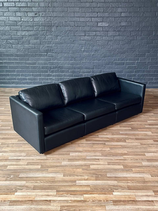 Mid-Century Modern Black Leather Sofa by Charles Pfister for Knoll, c.1980’s