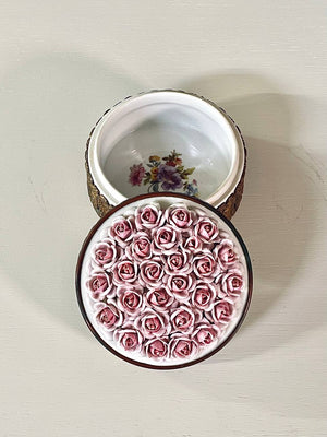 Antique German Elfinware Porcelain Roses Trinket Box w/ Brass Accents, c.1960’s