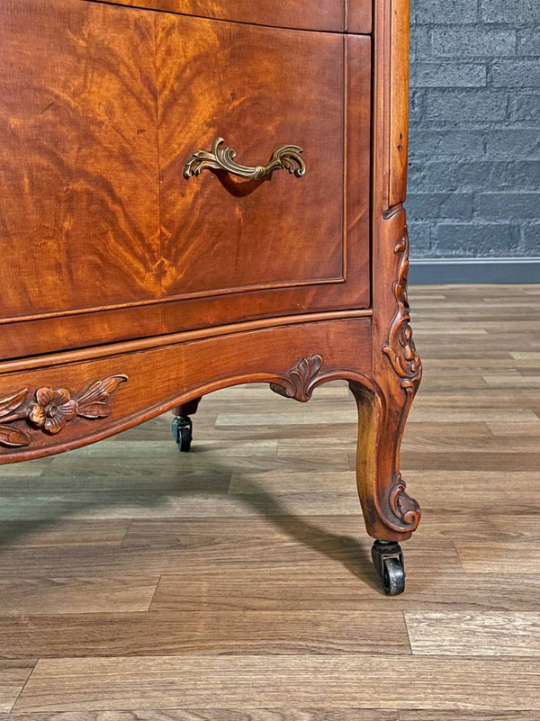 French Provincial Style Flame Mahognay Highboy Dresser w/ Serpentine Front, c.1940’s