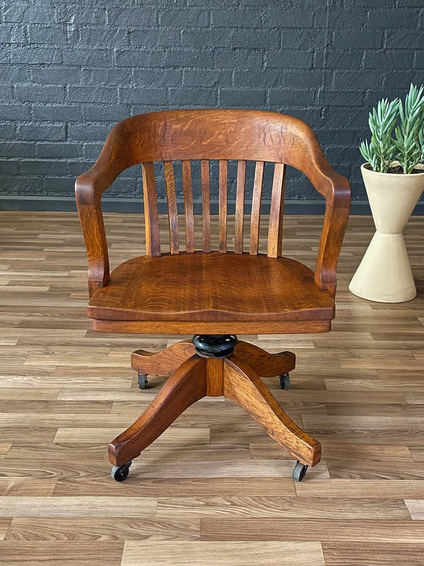 Vintage Arts & Craft Oak Swivel Office Desk Chair, c.1960’s