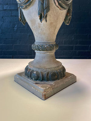 Pair of Antique Italian Neoclassical Carved Wood Urn Table Lamps w/ Draped Garlands, c.1920’s