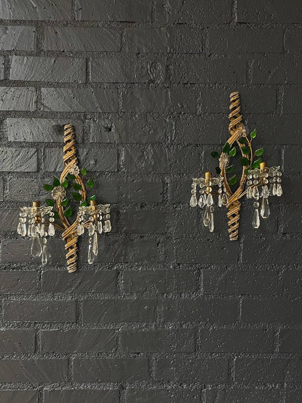 Pair of Italian Crystal Beaded Sconces with Floral Decorations, c.1940’s