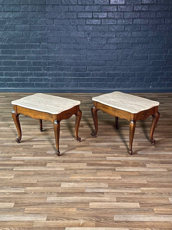 Pair of French Provincial Style Side Tables w/ Travertine Tops by Crown City Table Co., c.1960’s