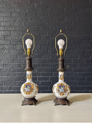 Pair of Italian Majolica Hand-Painted Table Lamps w/ Mythological Motifs, c.1950s