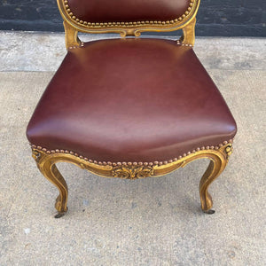 Pair of Antique French Louis XVI Gold-Leaf Gilded Carved Wood & Cognac Leather Side Chai