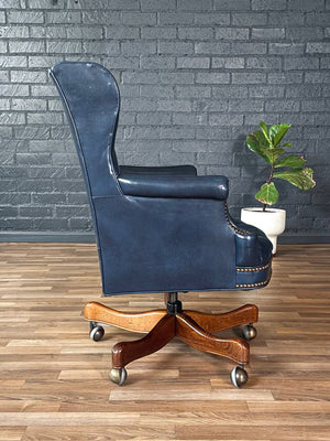 Vintage Wingback English Chesterfield Style Blue Leather Office Chair, c.1960’s