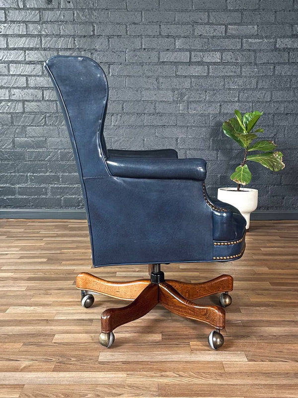 Vintage Wingback English Chesterfield Style Blue Leather Office Chair, c.1960’s